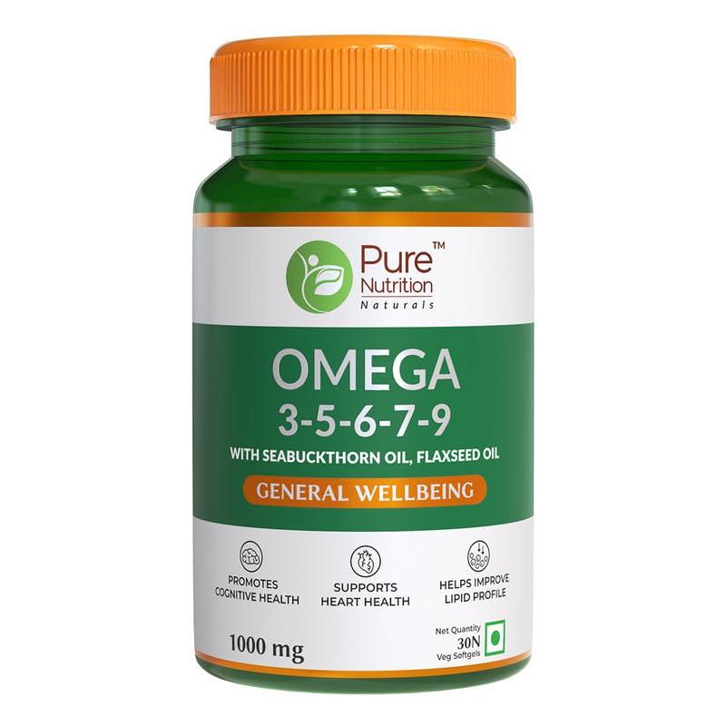 Pure Nutrition Omega 3-5-6-7-9 with Seabuckthorn & Flaxseed Oil | Veg Softgels for Heart & Brain Health