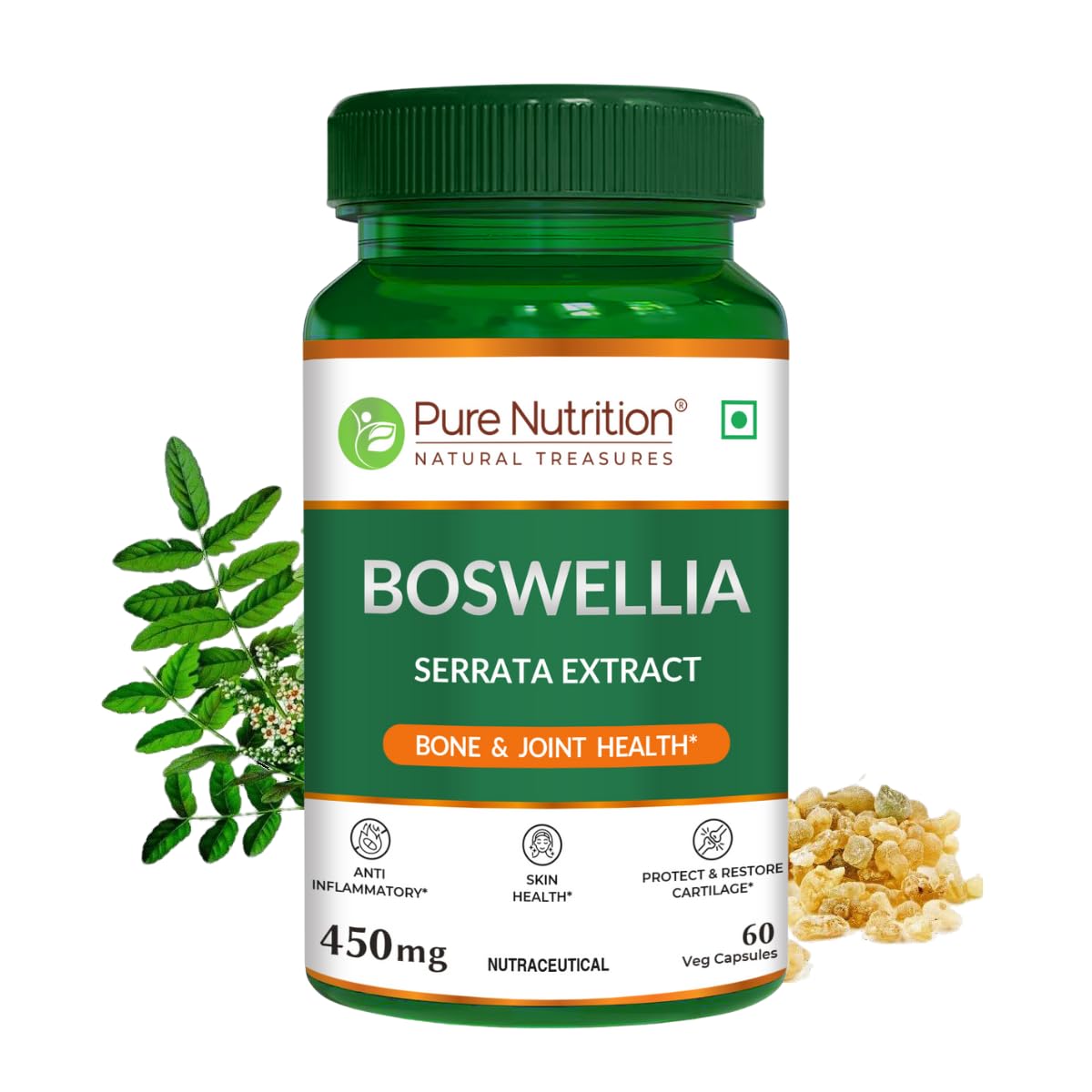 Pure Nutrition Boswellia Serrata Capsules - 450mg – 60 Veg Capsules - Supports Joint & Bone Health, Reduces Inflammation & Stiffness | Boosts Immunity & Skin Health | Natural Ayurvedic Herb for Mobility & Flexibility | For Men & Women