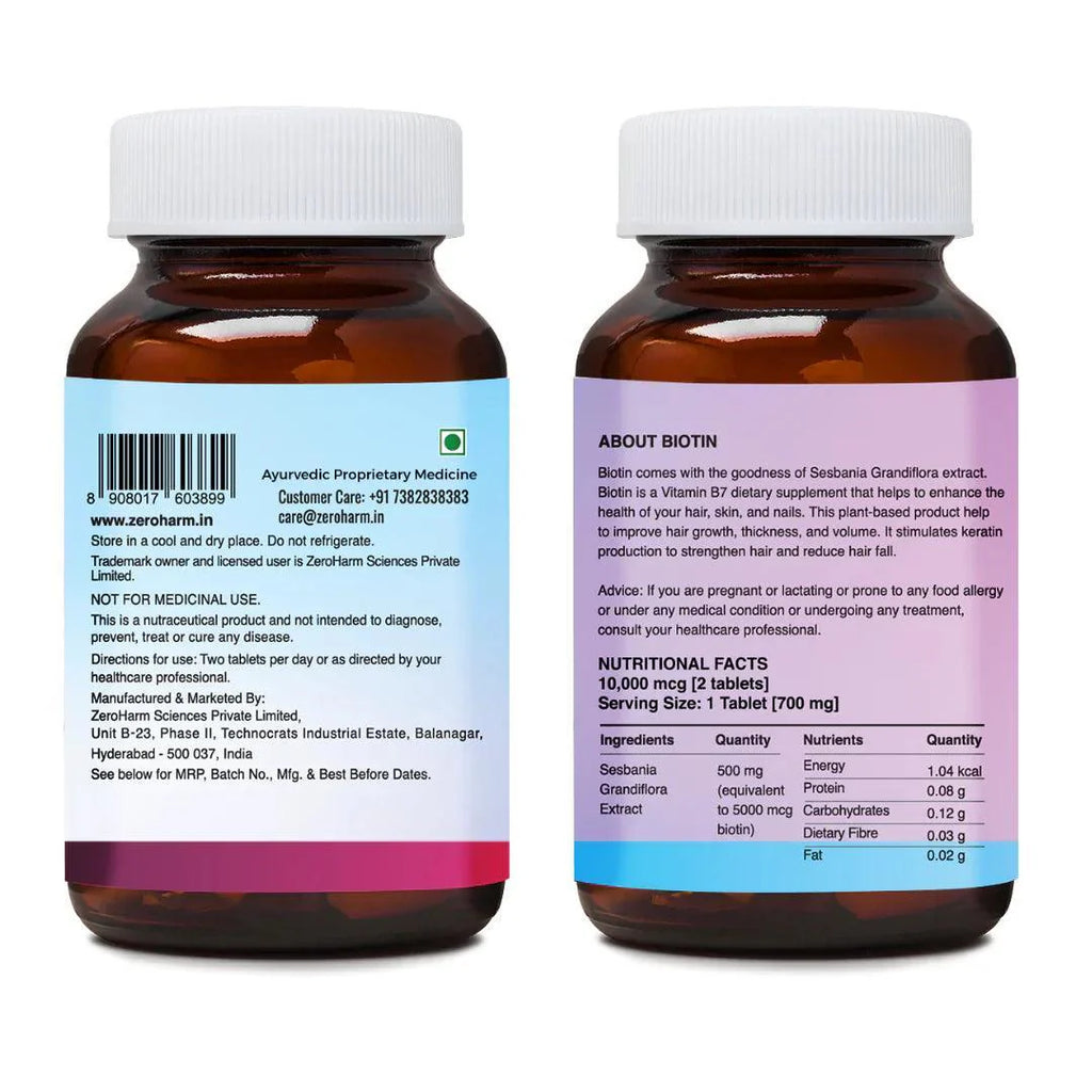 ZEROHARM Biotin 10000 mcg for Hair Growth - Vitamin B7 from Sesbania Grandiflora - Supports Skin Hydration & Nail Strength - For Men & Women - 60 Veg Tablets