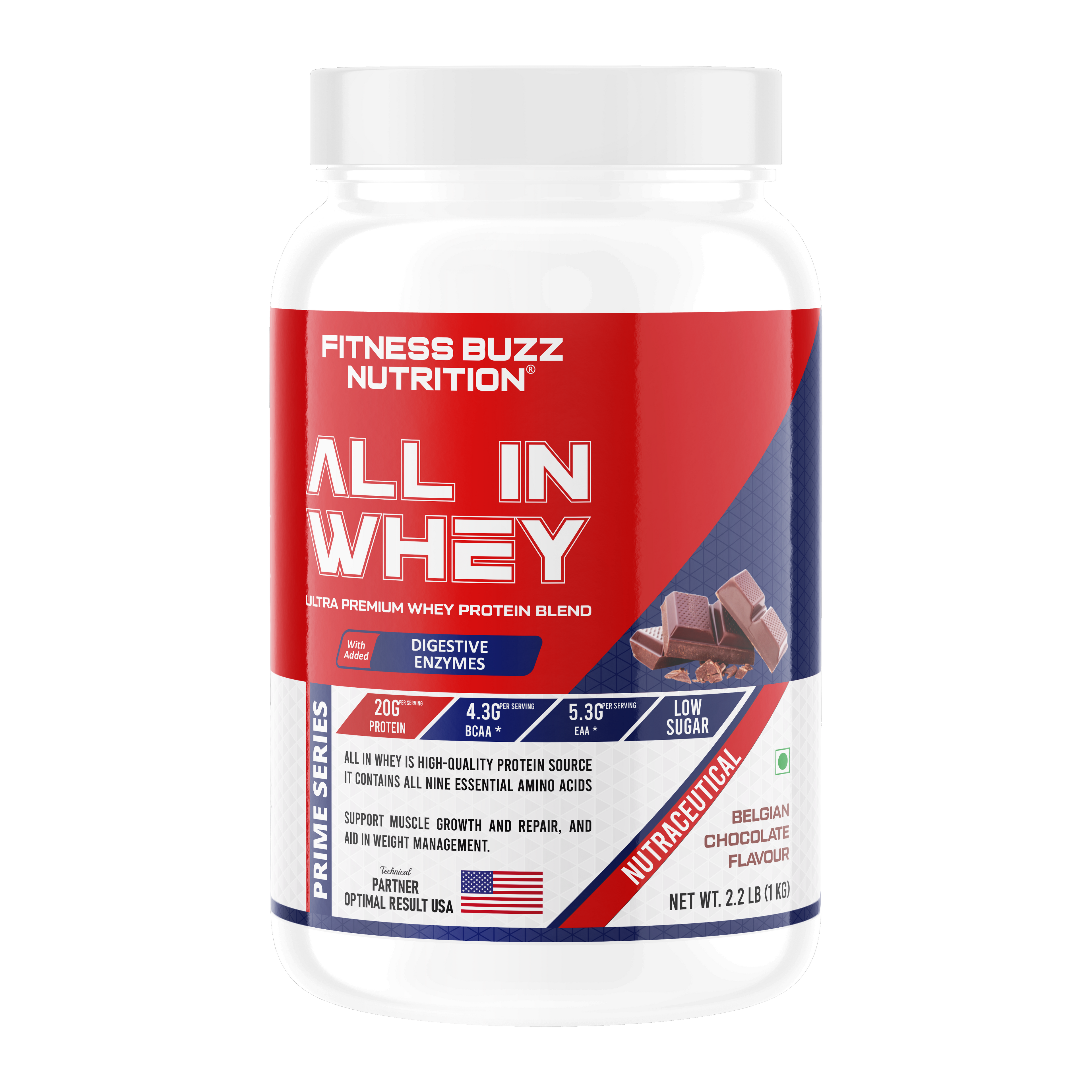 Fitness Buzz Nutrition I Prime Series I All in Whey with Added Digestive Enzymes I 20G Protein Per Serving I 4.3 BCAA Per Serving I 5.3G EAA Per Serving I Low Sugar I Nutraceutical I Veg I Belgian Chocolate