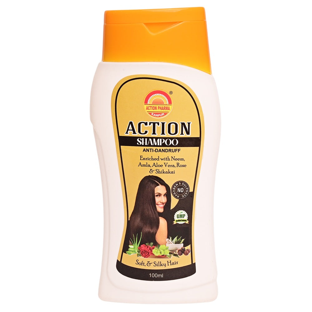 Action Pharma Action Shampoo | Anti-Dandruff | Enriched with Neem | Amla I Aloe Vera | Rose & Shikakai | Soft & Silky Healthy Hair | No Paraben & Sulphate | 100 ML