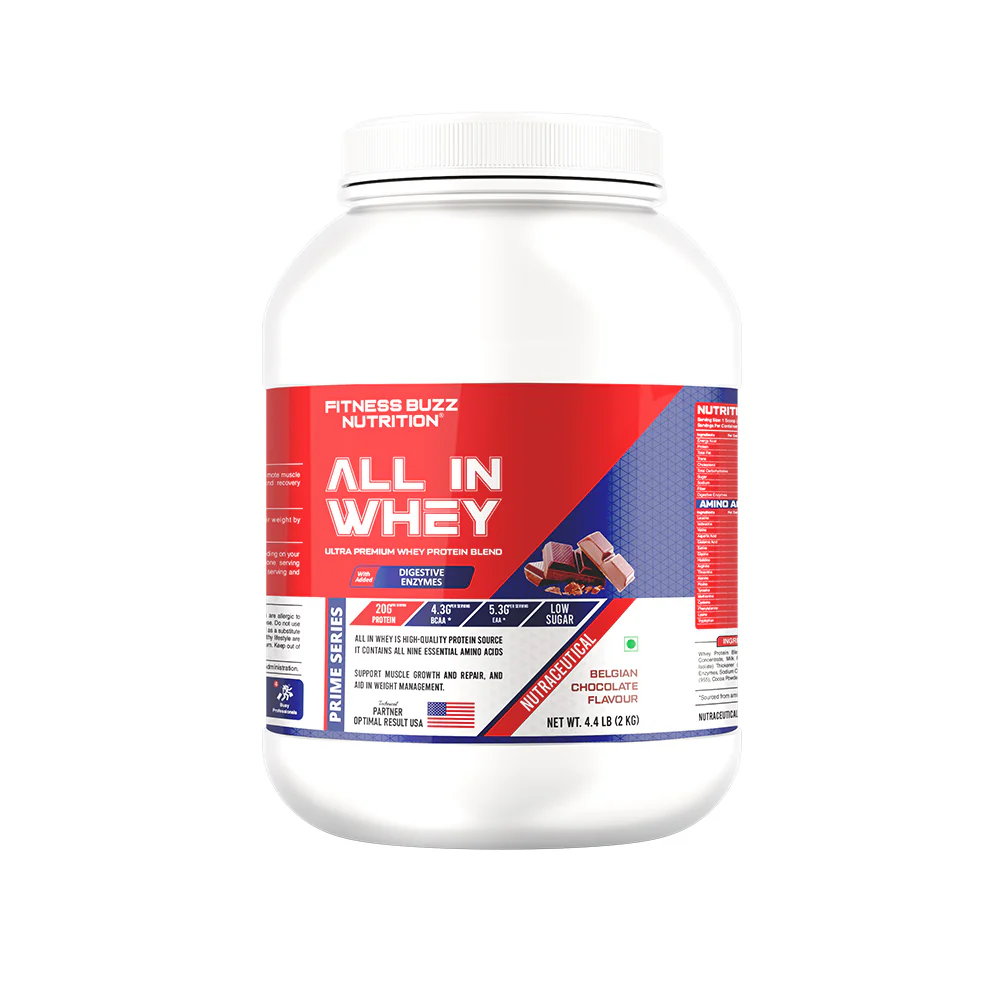 Fitness Buzz Nutrition All in Whey with Added Digestive Enzymes I 20G Protein Per Serving I 4.3 BCAA Per Serving I 5.3G EAA Per Serving I Low Sugar I Nutraceutical I Veg I Malai Kulfi