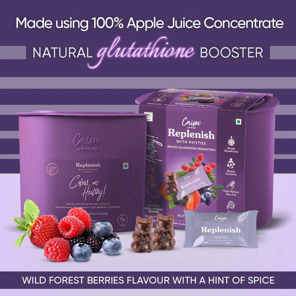 Caim by arelang Replenish with Phytos Vegan Gummies| Natural Glutathione Booster to Reduces Hair fall, Improve Skin Health, Slow Ageing