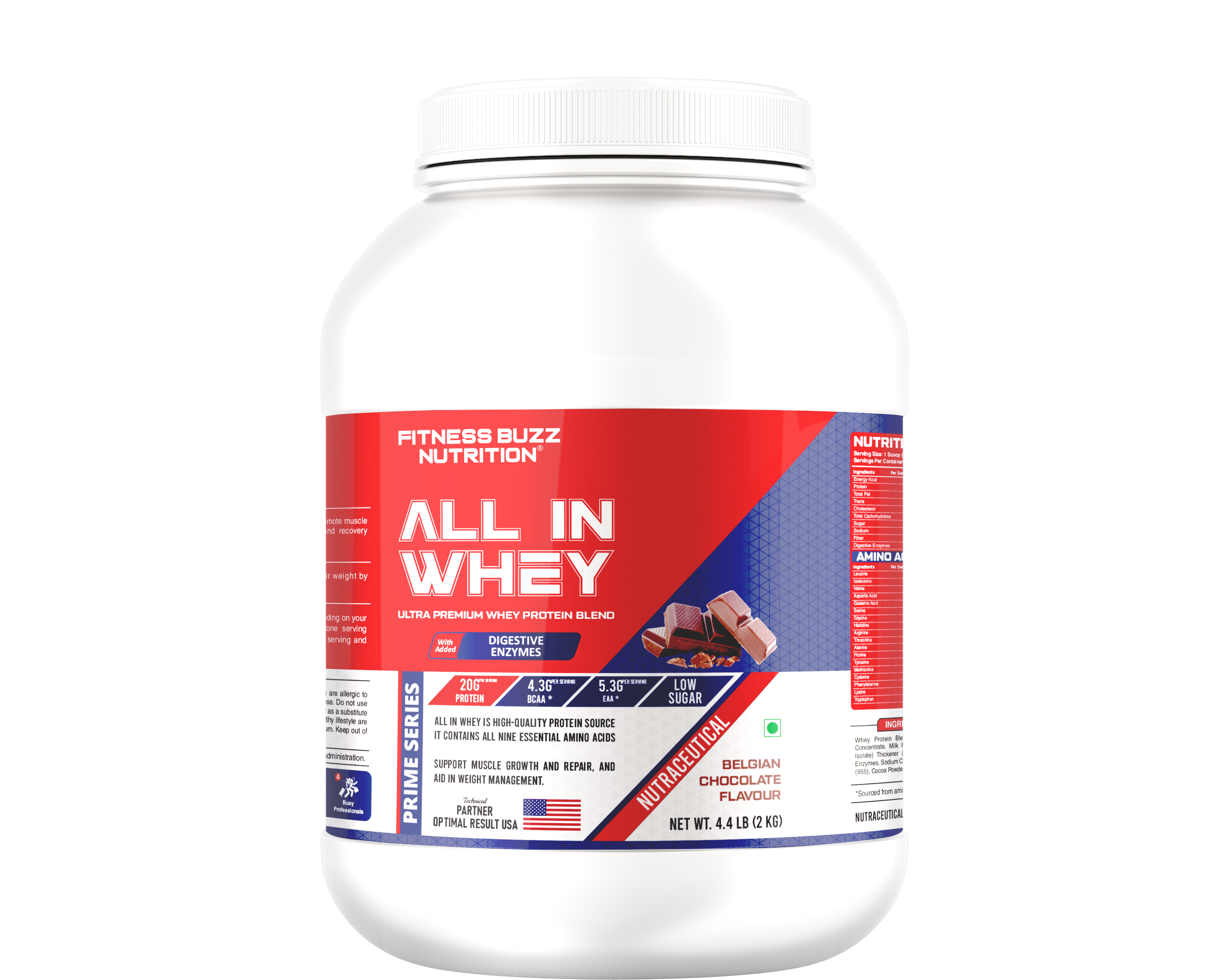 Fitness Buzz Nutrition I Prime Series I All in Whey with Added Digestive Enzymes I 20G Protein Per Serving I 4.3 BCAA Per Serving I 5.3G EAA Per Serving I Low Sugar I Nutraceutical I Veg I Belgian Chocolate