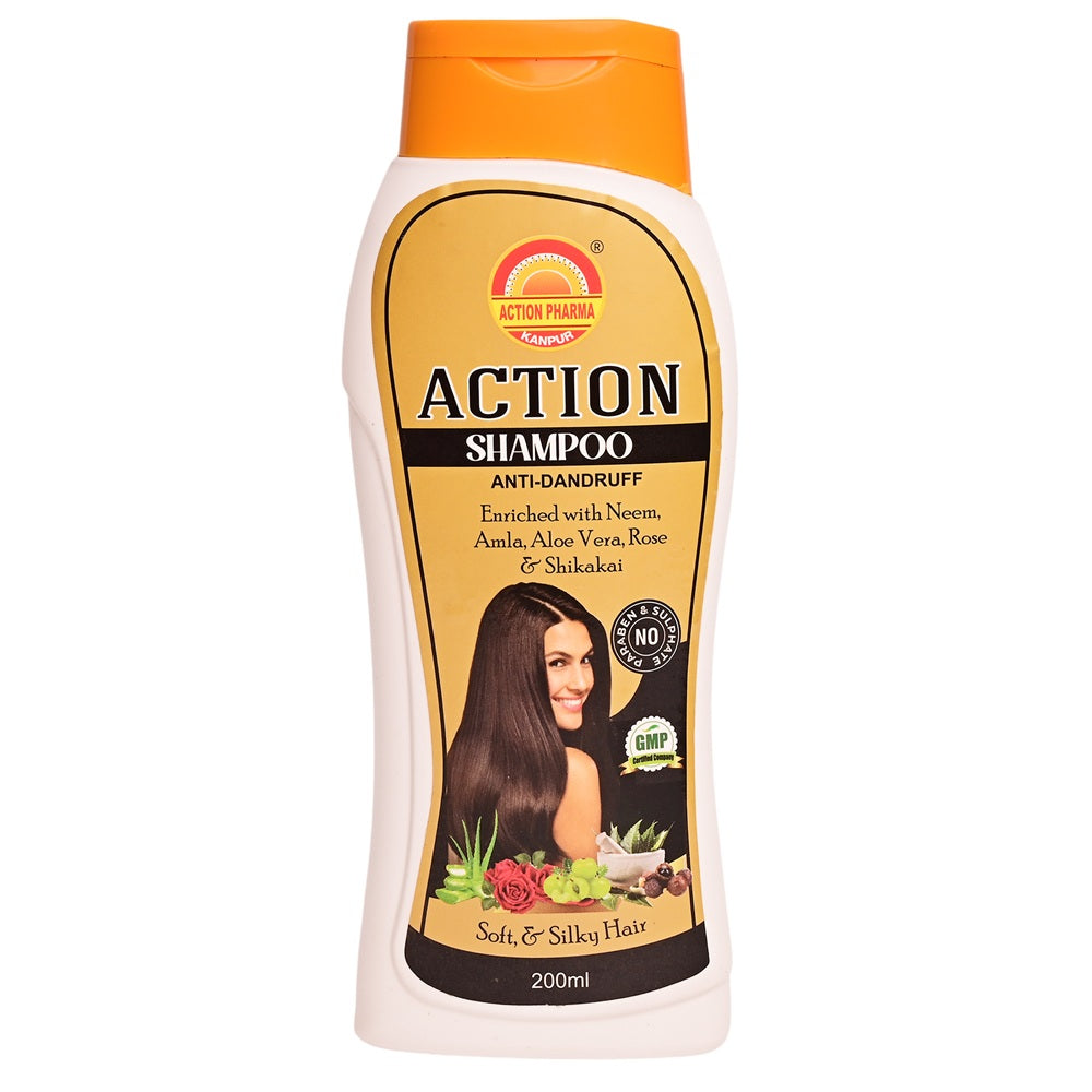 Action Pharma Action Shampoo | Anti-Dandruff | Enriched with Neem | Amla I Aloe Vera | Rose & Shikakai | Soft & Silky Healthy Hair | No Paraben & Sulphate | 200 ML