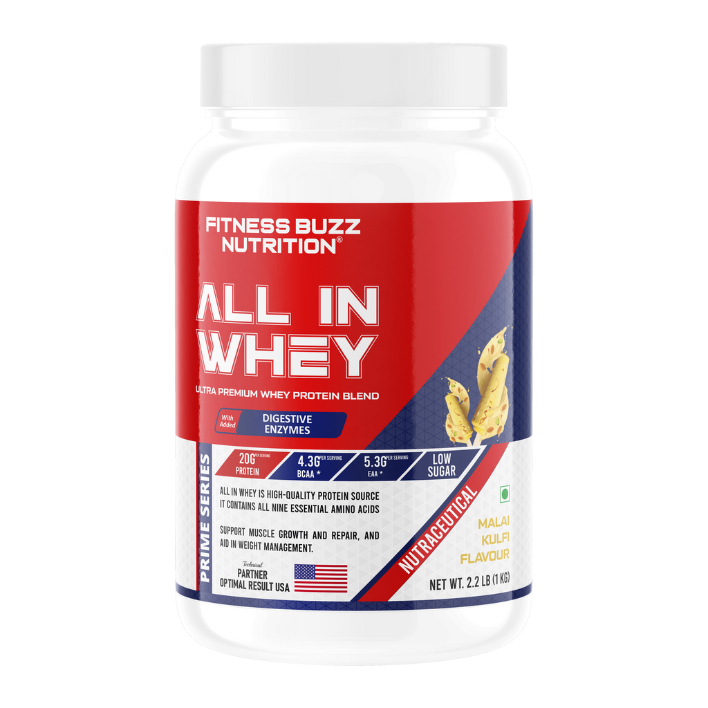 Fitness Buzz Nutrition All in Whey with Added Digestive Enzymes I 20G Protein Per Serving I 4.3 BCAA Per Serving I 5.3G EAA Per Serving I Low Sugar I Nutraceutical I Veg I Malai Kulfi