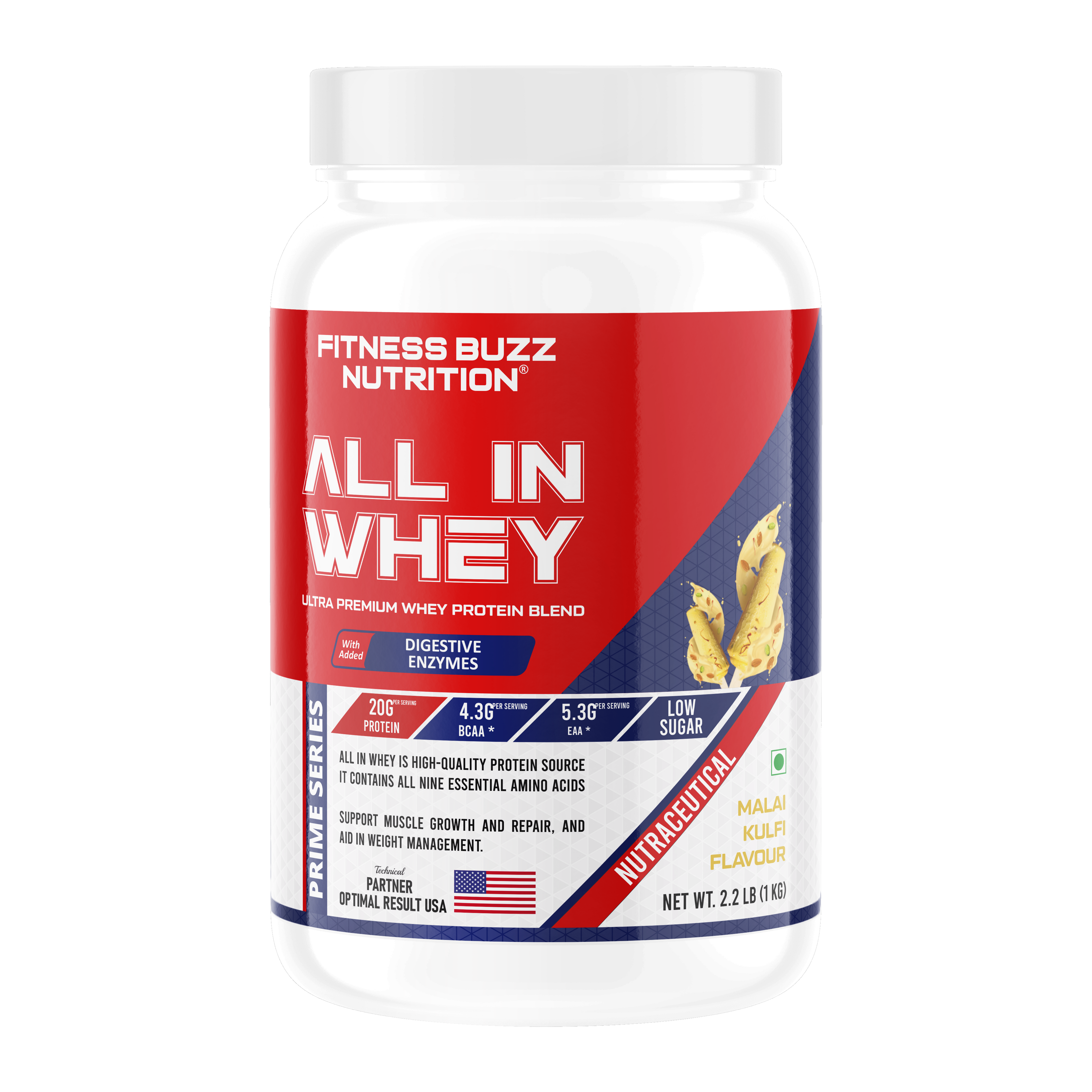 Fitness Buzz Nutrition All in Whey with Added Digestive Enzymes I 20G Protein Per Serving I 4.3 BCAA Per Serving I 5.3G EAA Per Serving I Low Sugar I Nutraceutical I Veg I Malai Kulfi
