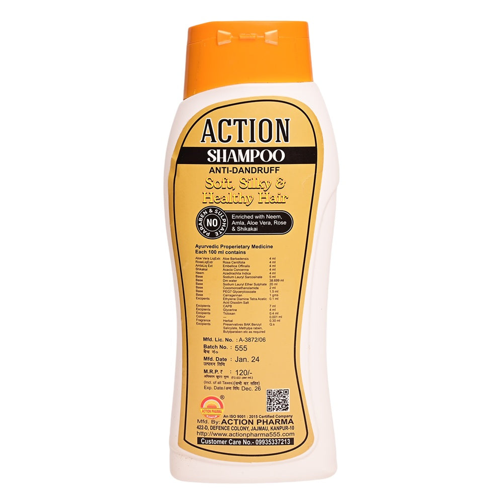 Action Pharma Action Shampoo | Anti-Dandruff | Enriched with Neem | Amla I Aloe Vera | Rose & Shikakai | Soft & Silky Healthy Hair | No Paraben & Sulphate | 200 ML