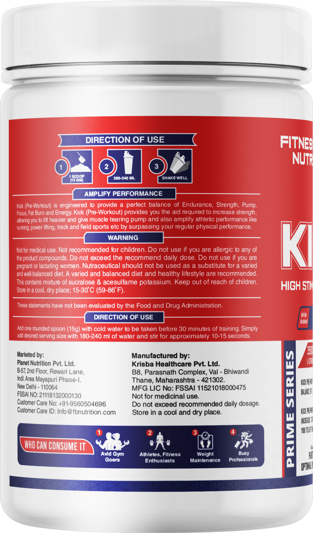 FB Nutrition Kick High Stim Pre-Workout Supplement - Pina Colada - 400gm