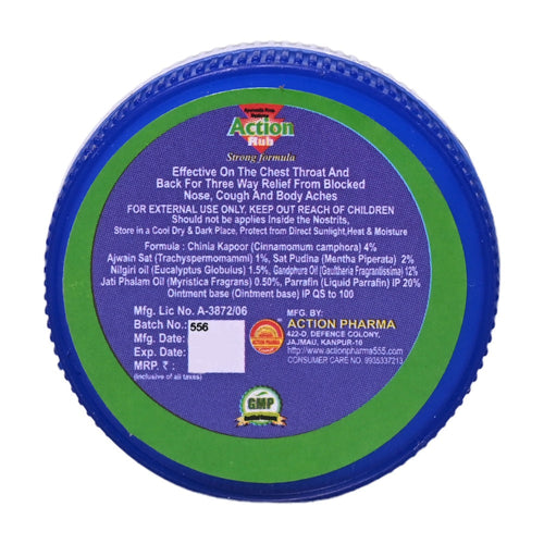 Action Pharma Action Rub Balm | Relieves 6 Cough & Cold Symptoms | Effective on The Chest Throat and Back for Three Way Relief from Blocked Nose | Cough and Body Aches | 10 ML