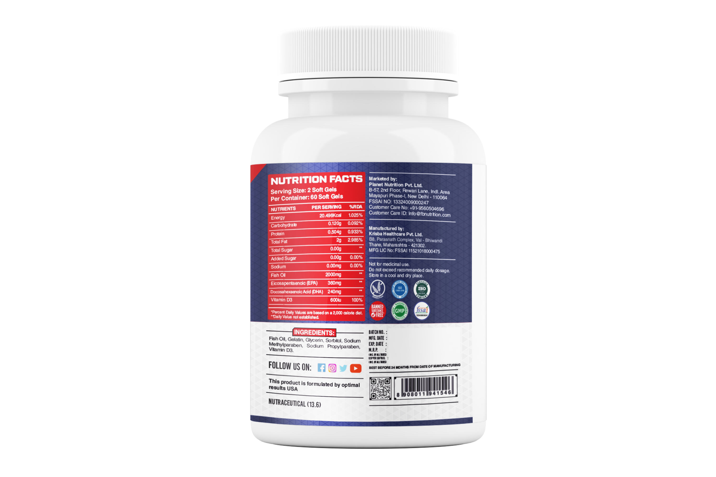 FB Nutrition Omega 3 Softgel Capsules - 60 Softgel Capsules