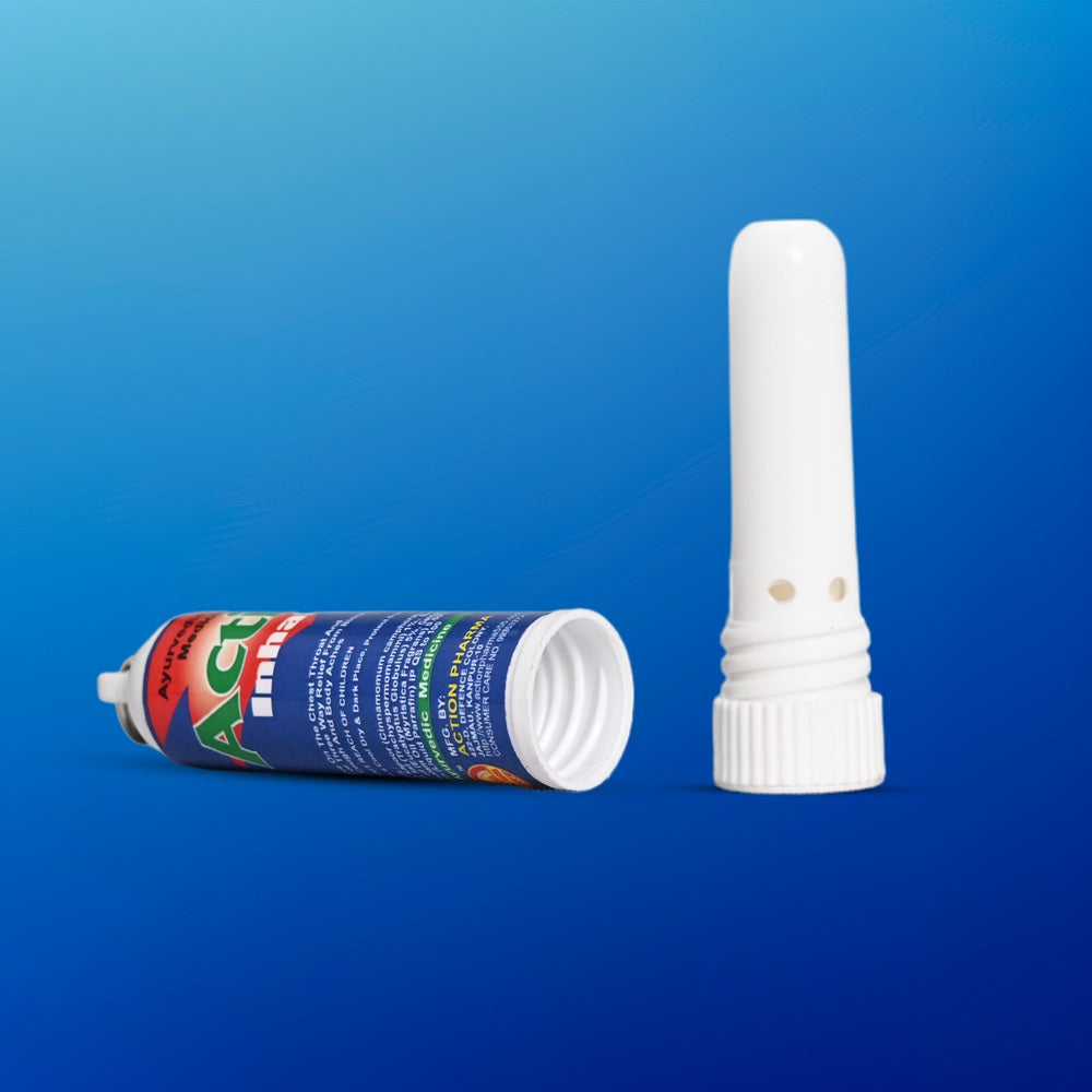 Action Pharma Action Inhaler -  Ayurvedic Proprietary Medicine | GMP Certified Company | Effective on the Chest Throat and Back for Three Way Relief from Blocked Nose, Cough and Body Aches | 0.5 ML