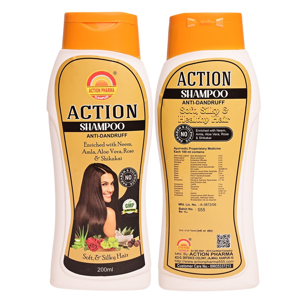 Action Pharma Action Shampoo | Anti-Dandruff | Enriched with Neem | Amla I Aloe Vera | Rose & Shikakai | Soft & Silky Healthy Hair | No Paraben & Sulphate | 200 ML
