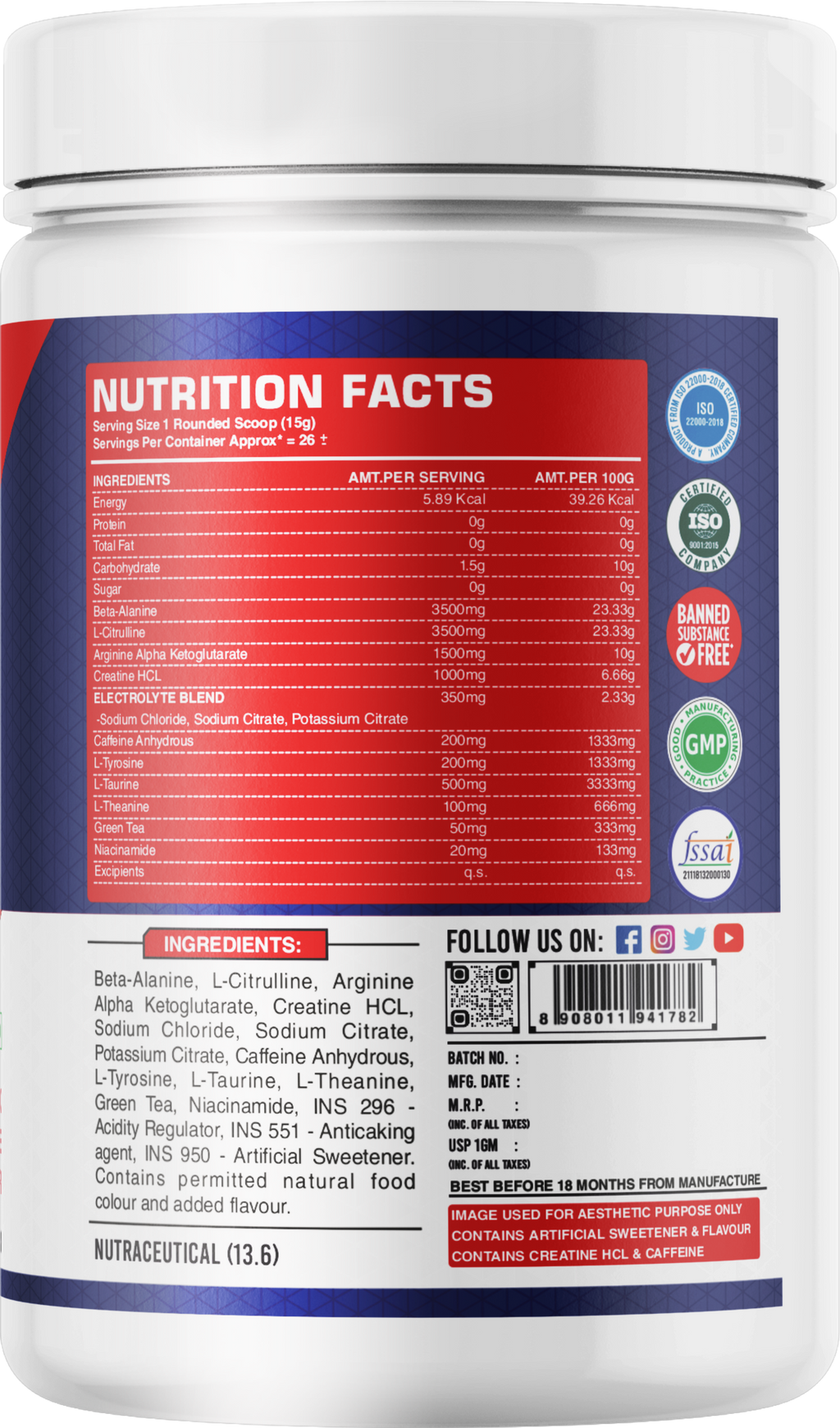 FB Nutrition Kick High Stim Pre-Workout Supplement - Pina Colada - 400gm