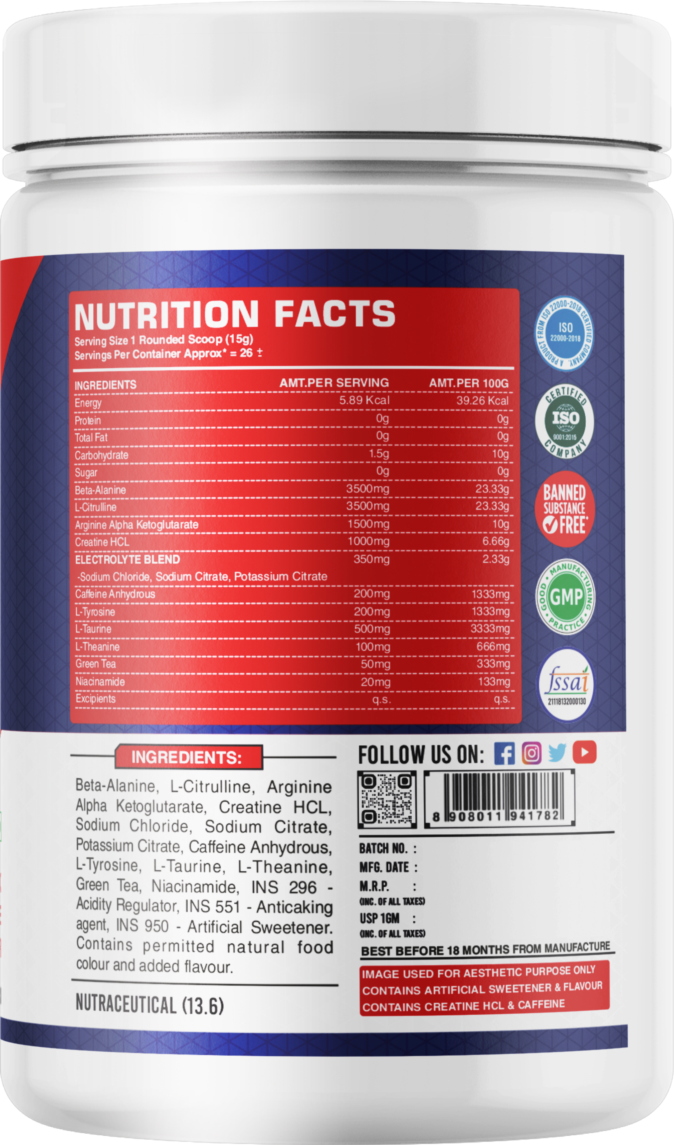 FB Nutrition Kick High Stim Pre-Workout Supplement - Pina Colada - 400gm