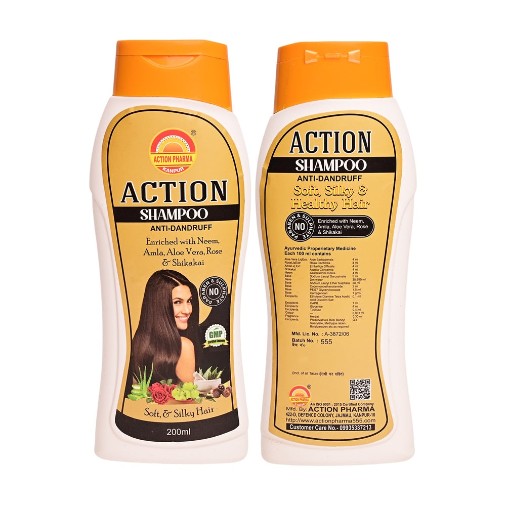 Action Pharma Action Shampoo | Anti-Dandruff | Enriched with Neem | Amla I Aloe Vera | Rose & Shikakai | Soft & Silky Healthy Hair | No Paraben & Sulphate | 500 ML