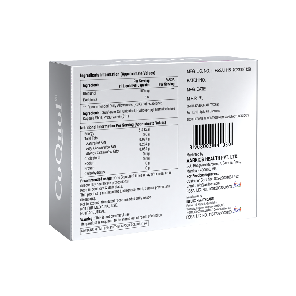 Aarkios CoQnol Ubiquinol Capsules 100 mg I 10 Liquid Fill Capsules