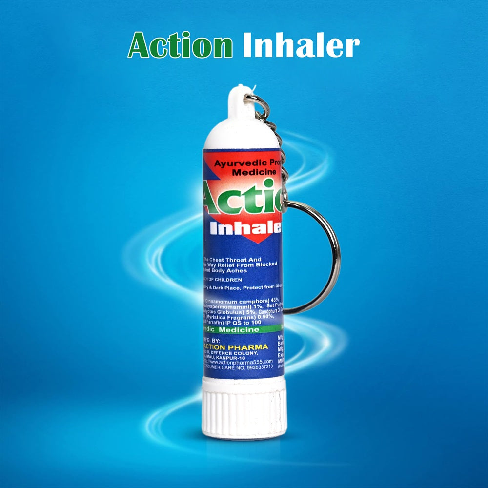 Action Pharma Action Inhaler -  Ayurvedic Proprietary Medicine | GMP Certified Company | Effective on the Chest Throat and Back for Three Way Relief from Blocked Nose, Cough and Body Aches | 0.5 ML