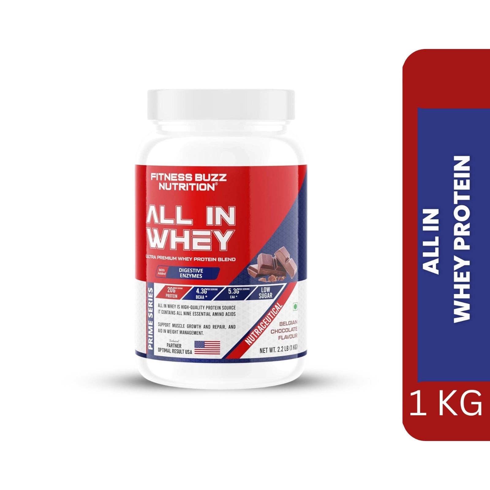 Fitness Buzz Nutrition All in Whey with Added Digestive Enzymes I 20G Protein Per Serving I 4.3 BCAA Per Serving I 5.3G EAA Per Serving I Low Sugar I Nutraceutical I Veg I Malai Kulfi