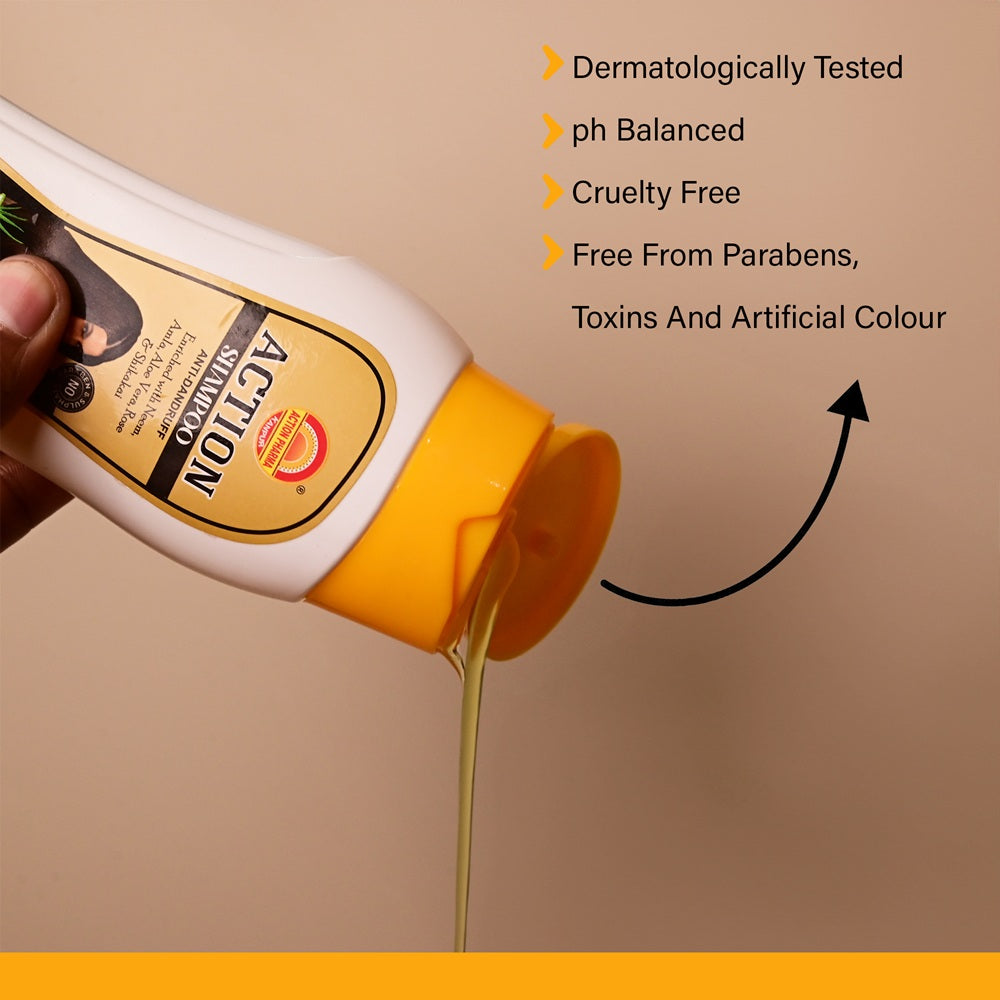 Action Pharma Action Shampoo | Anti-Dandruff | Enriched with Neem | Amla I Aloe Vera | Rose & Shikakai | Soft & Silky Healthy Hair | No Paraben & Sulphate | 100 ML