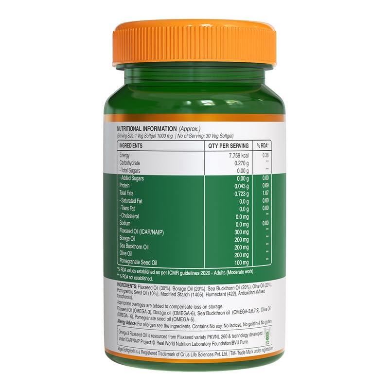 Pure Nutrition Omega 3-5-6-7-9 with Seabuckthorn & Flaxseed Oil | Veg Softgels for Heart & Brain Health