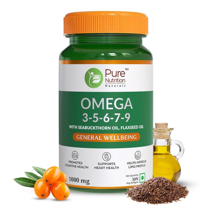 Pure Nutrition Omega 3-5-6-7-9 with Seabuckthorn & Flaxseed Oil | Veg Softgels for Heart & Brain Health