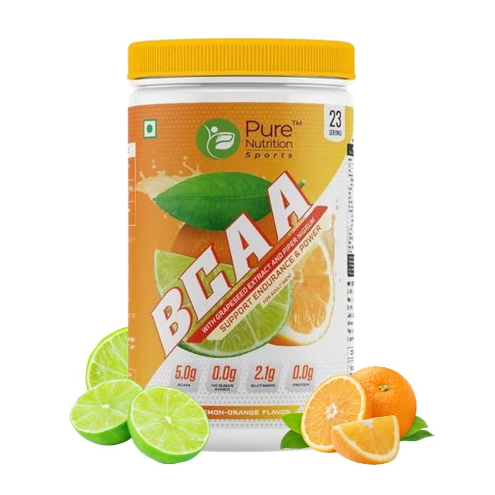 Pure Nutrition Sports BCAA supplement 2:1:1 (250g) | Lemon Orange Flavor with L-Glutamine, Grapeseed & Piperine, Sugar Free Amino Acid Supplement, Workout Muscle Recovery Drink for Muscle Growth, 23 Servings