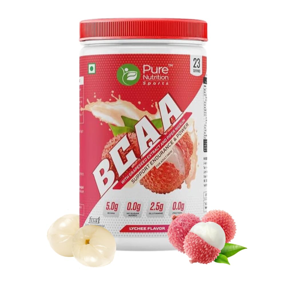 Pure Nutrition Sports BCAA supplement 2:1:1 (250g) Lychee with L-Glutamine, Grapeseed & Piperine Extract, Sugar Free Amino Acid Supplement, Workout Muscle Recovery Drink for Muscle Growth, 23 Servings