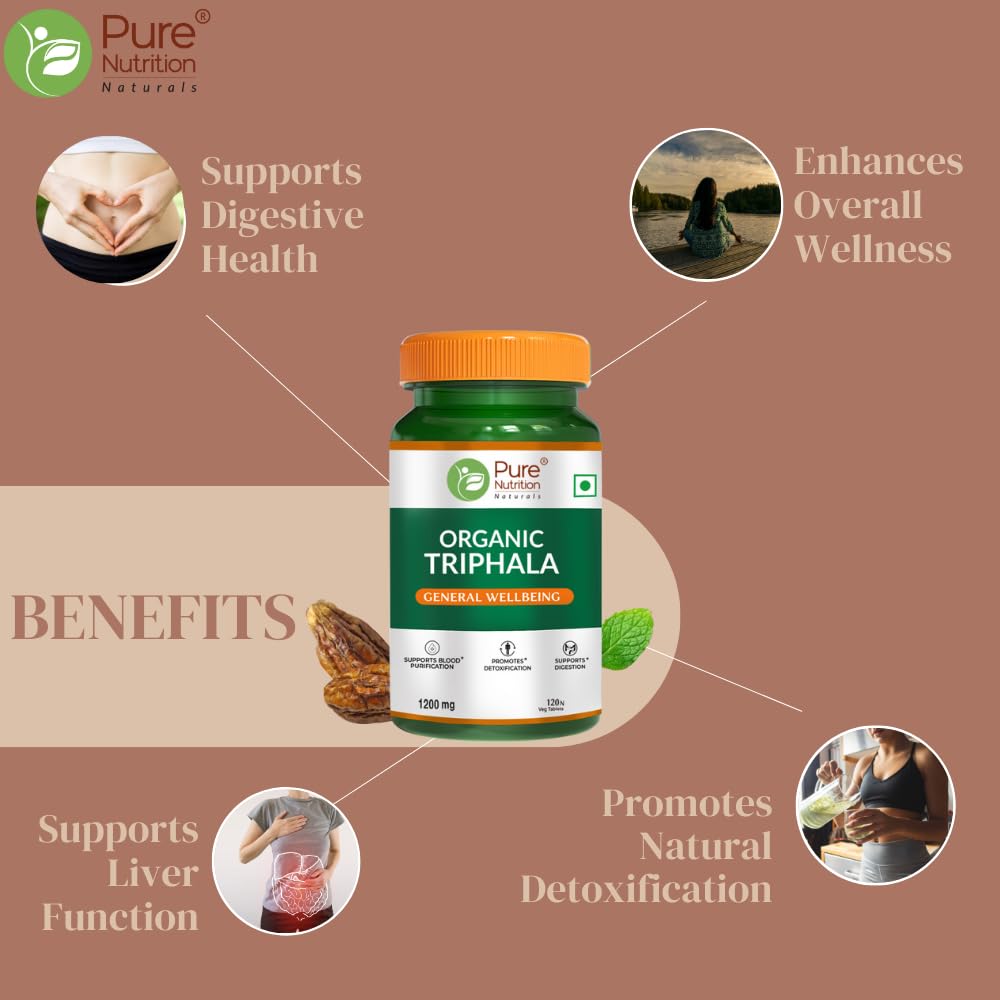 Pure Nutrition Organic Triphala Tablets | Supports Colon Cleanse, Healthy Digestion, Weight Management & Improved Bowel Wellness | Relieves Constipation -120 Tablets