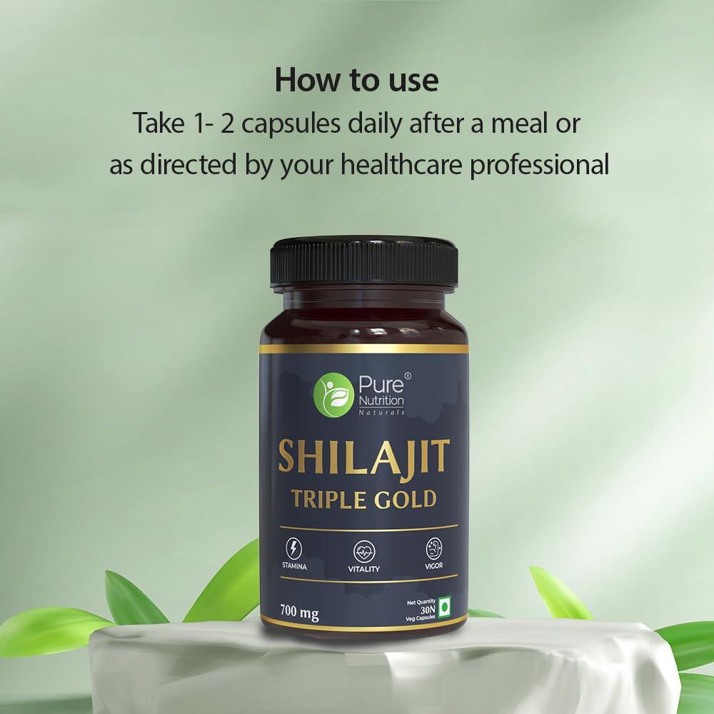 Pure Nutrition Shilajit Triple Gold Veg Capsule - 30 Capsules - With Kaunch Beej, Ashwagandha, Safed Musli, Gokhru & Shatavari For Energy, Strength, Stamina & Performance,Premium Ayurvedic Supplement For Men