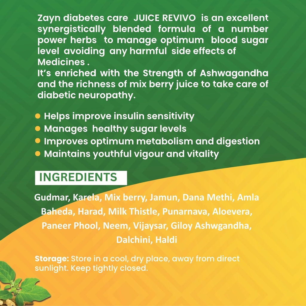 Zayn Revivo Diabo Free Juice | Ayurvedic Juice for Blood Sugar Balance & Diabetic Neuropathy | With Gudmar, Karela, Jamun, Ashwagandha | Mix Berry Flavour | 900 ml