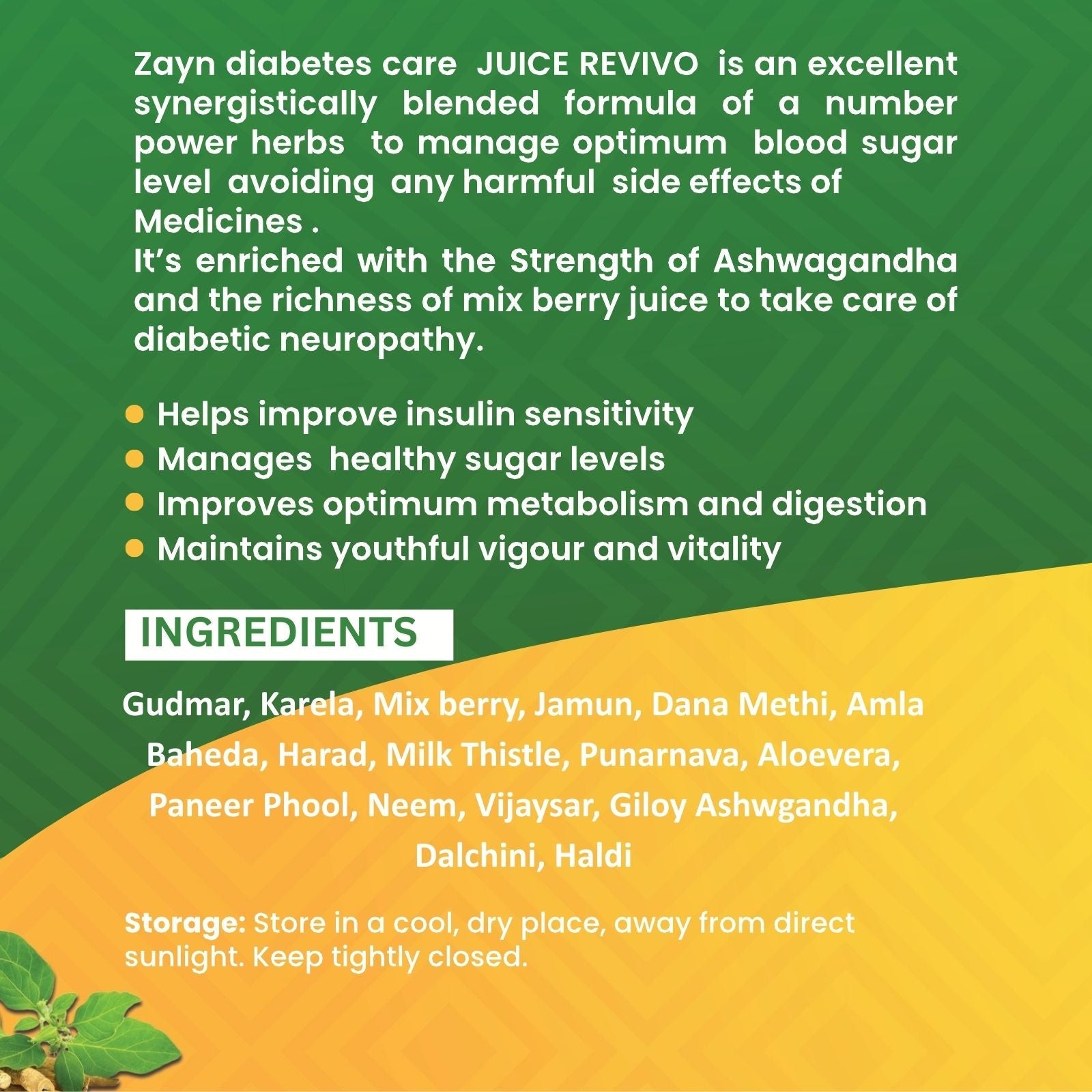 Zayn Revivo Diabo Free Juice | Ayurvedic Juice for Blood Sugar Balance & Diabetic Neuropathy | With Gudmar, Karela, Jamun, Ashwagandha | Mix Berry Flavour | 900 ml