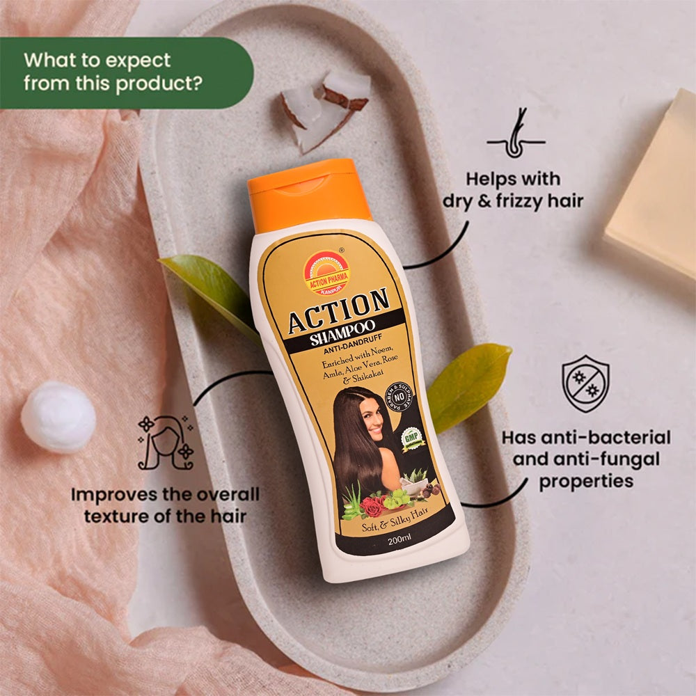 Action Pharma Action Shampoo | Anti-Dandruff | Enriched with Neem | Amla I Aloe Vera | Rose & Shikakai | Soft & Silky Healthy Hair | No Paraben & Sulphate | 200 ML
