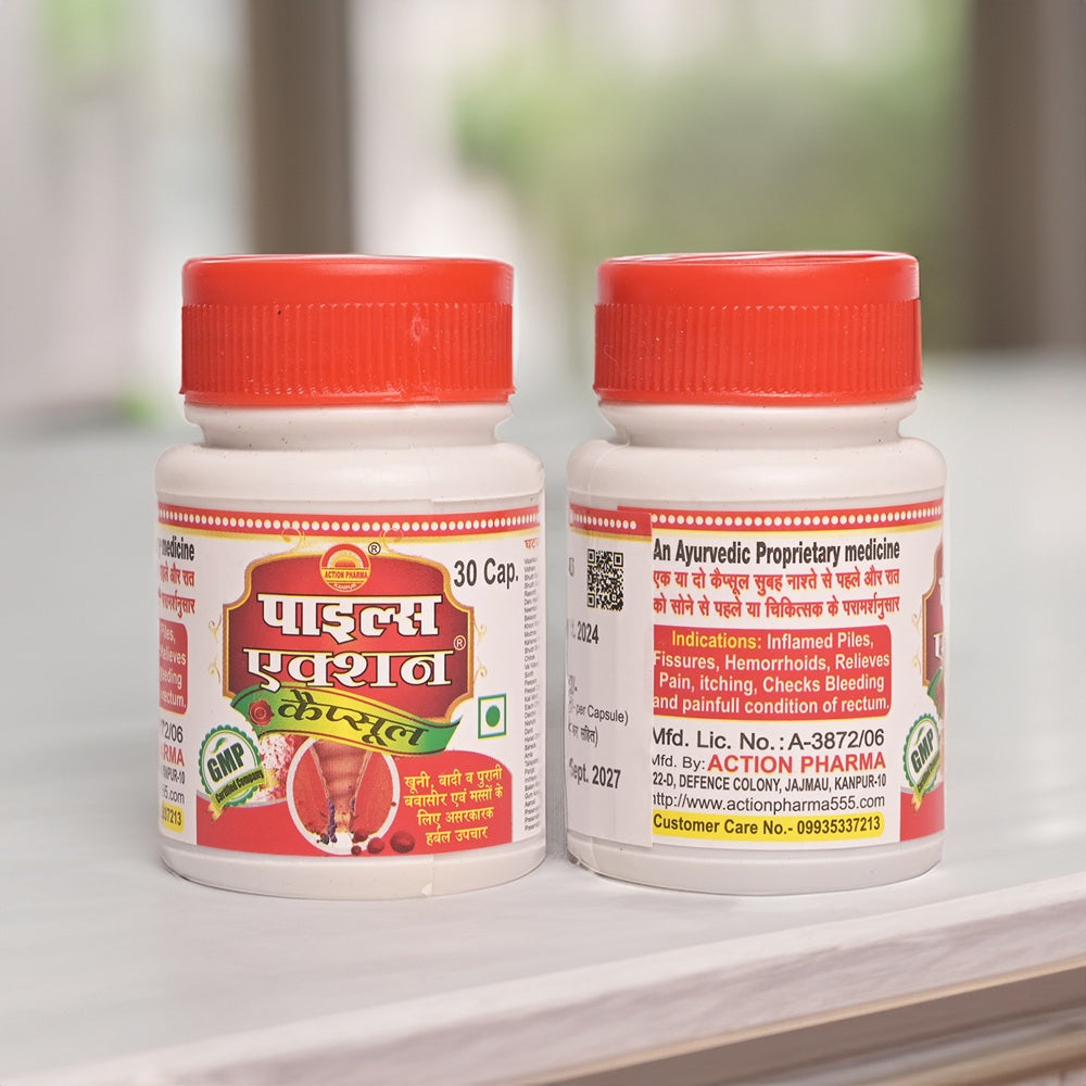 Action Pharma Piles Action Capsule | Effective in all kinds of Piles | Effective Herbal Treatment for Bleeding | Protruding | Chronic Hemorrhoids | Warts | 40 Capsules