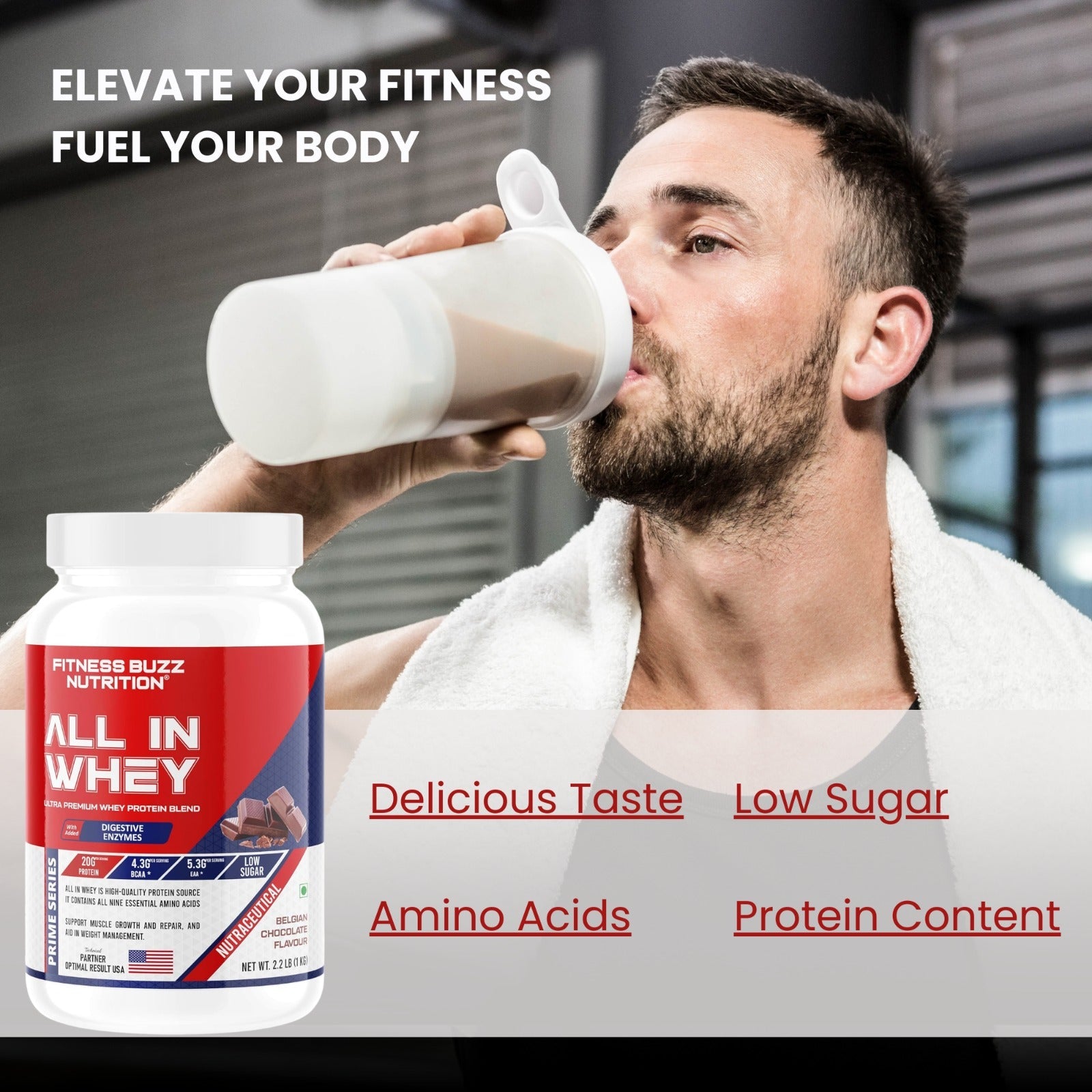 Fitness Buzz Nutrition I Prime Series I All in Whey with Added Digestive Enzymes I 20G Protein Per Serving I 4.3 BCAA Per Serving I 5.3G EAA Per Serving I Low Sugar I Nutraceutical I Veg I Belgian Chocolate