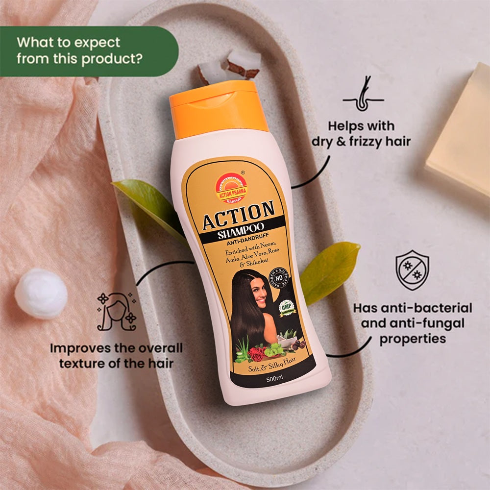 Action Pharma Action Shampoo | Anti-Dandruff | Enriched with Neem | Amla I Aloe Vera | Rose & Shikakai | Soft & Silky Healthy Hair | No Paraben & Sulphate | 500 ML
