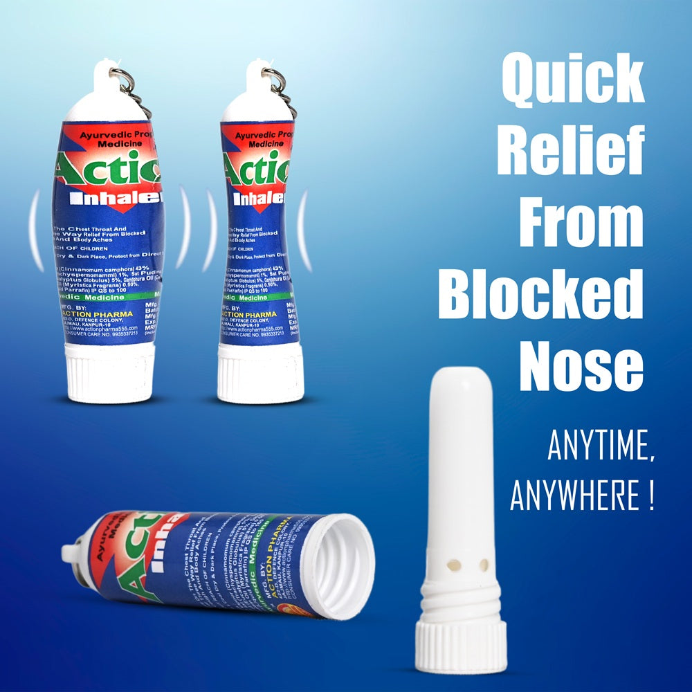 Action Pharma Action Inhaler -  Ayurvedic Proprietary Medicine | GMP Certified Company | Effective on the Chest Throat and Back for Three Way Relief from Blocked Nose, Cough and Body Aches | 0.5 ML