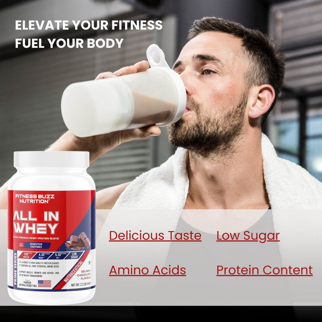 Fitness Buzz Nutrition All in Whey with Added Digestive Enzymes I 20G Protein Per Serving I 4.3 BCAA Per Serving I 5.3G EAA Per Serving I Low Sugar I Nutraceutical I Veg I Malai Kulfi