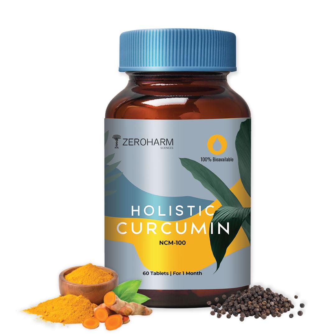 ZEROHARM Holistic Curcumin Tablets with 95% Curcuminoids & Piperine - Turmeric Supplement for Joints, Immunity for Men, Women - Nano Formulated 60 Tablets