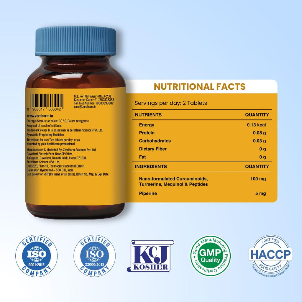 ZEROHARM Holistic Curcumin Tablets with 95% Curcuminoids & Piperine - Turmeric Supplement for Joints, Immunity for Men, Women - Nano Formulated 60 Tablets