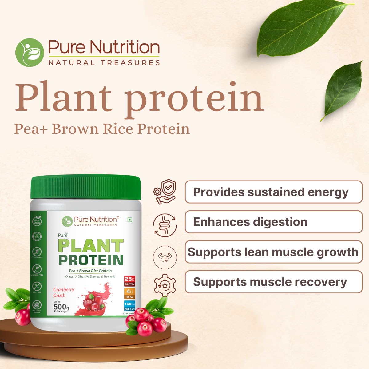 Pure Nutrition Plant Protein Powder Cranberry Crush, 500g, for Men, Women With Pea & Brown Rice Protein with Omega3, Digestive Enzymes & Turmeric | Plant-based, Vegan Supplement for Muscle Growth & Strength | No Artificial Sweeteners