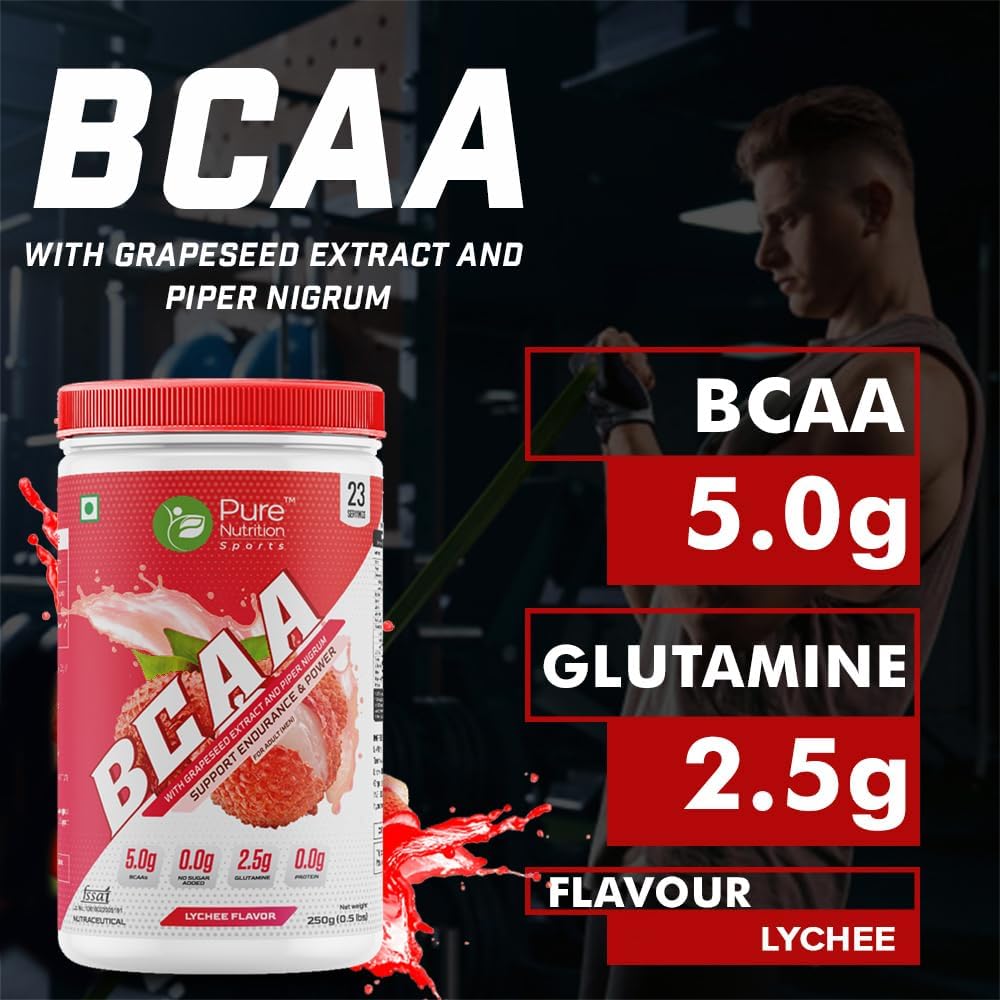 Pure Nutrition Sports BCAA supplement 2:1:1 (250g) Lychee with L-Glutamine, Grapeseed & Piperine Extract, Sugar Free Amino Acid Supplement, Workout Muscle Recovery Drink for Muscle Growth, 23 Servings