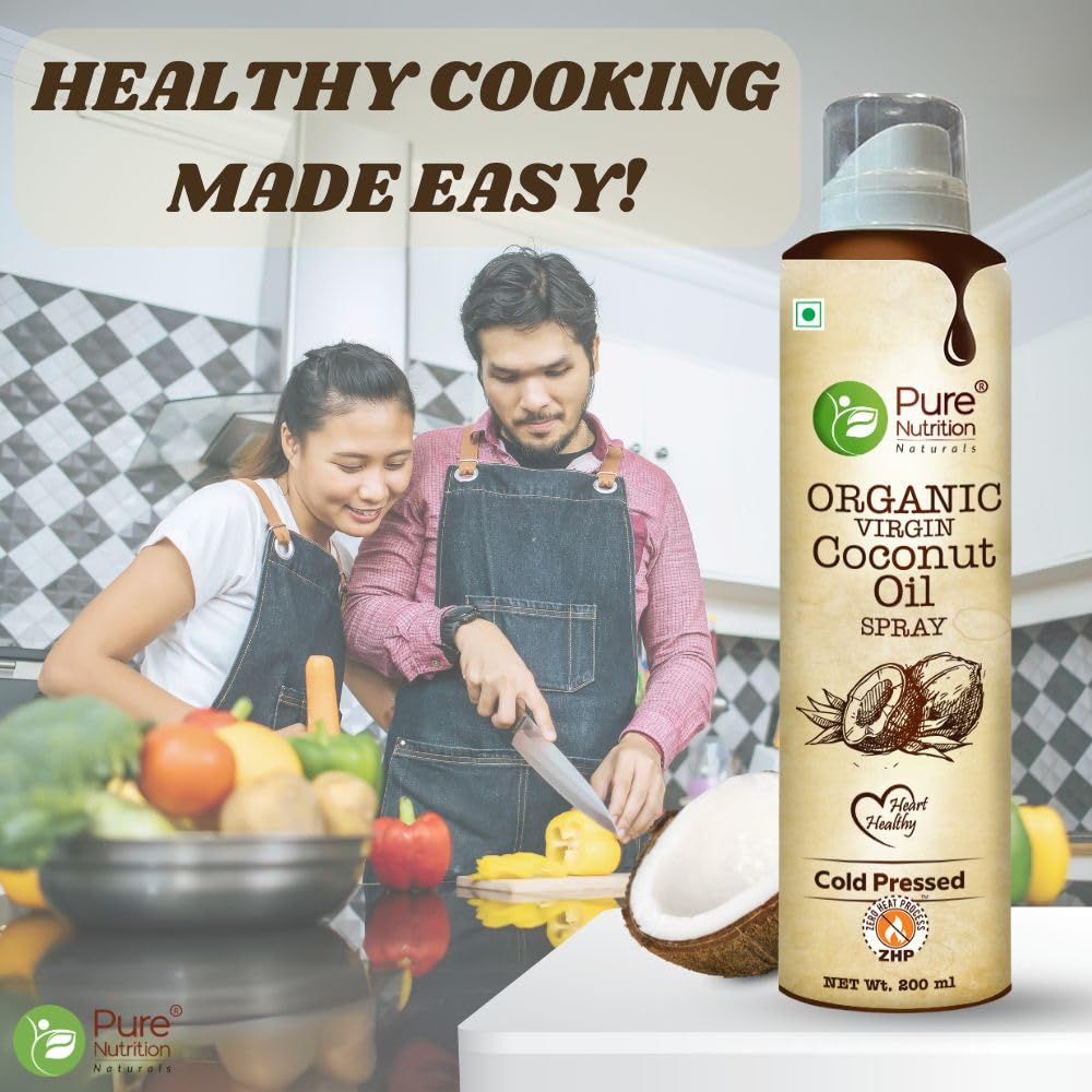 Pure Nutrition Organic Extra Virgin Coconut Oil Spray - 200ml | Pure, Edible & Cold Pressed | Ideal for Cooking, Baking & Salad Dressing | Non-GMO, Zero Cholesterol | Easy-to-Use Spray for Skin & Hair Care