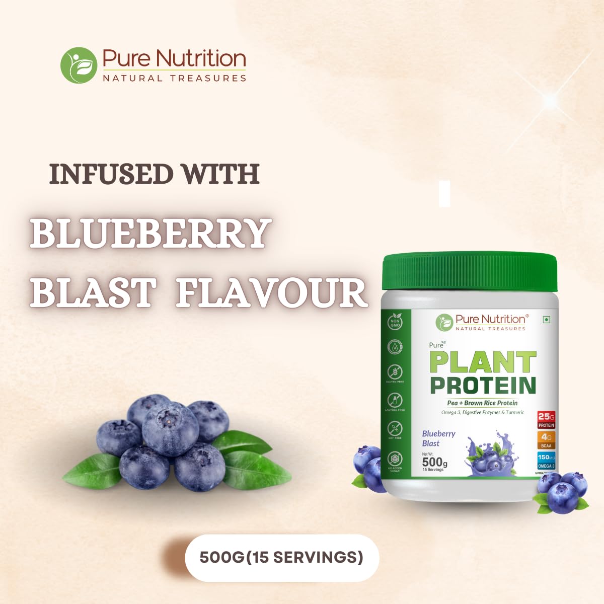 Pure Nutrition Plant Protein Powder for Men, Women - Berry Blast (500g) , With Pea & Brown Rice Protein with Omega3, Digestive Enzymes & Turmeric | Plant-based, Vegan Supplement for Muscle Growth & Strength | No Artificial Sweeteners