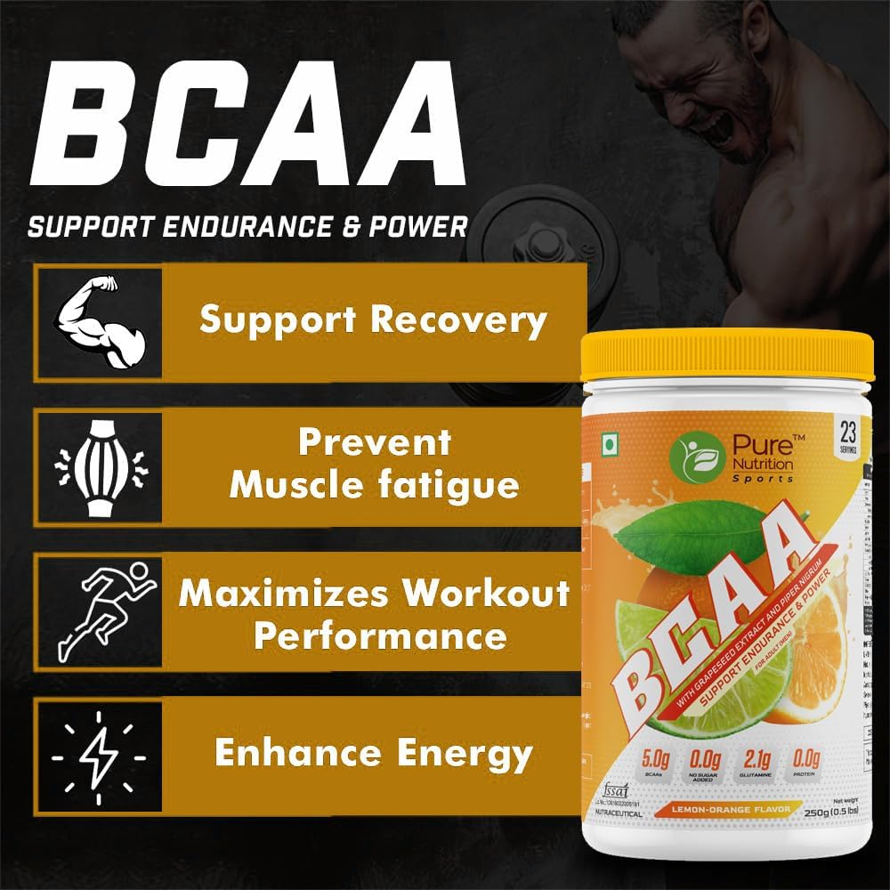 Pure Nutrition Sports BCAA supplement 2:1:1 (250g) | Lemon Orange Flavor with L-Glutamine, Grapeseed & Piperine, Sugar Free Amino Acid Supplement, Workout Muscle Recovery Drink for Muscle Growth, 23 Servings