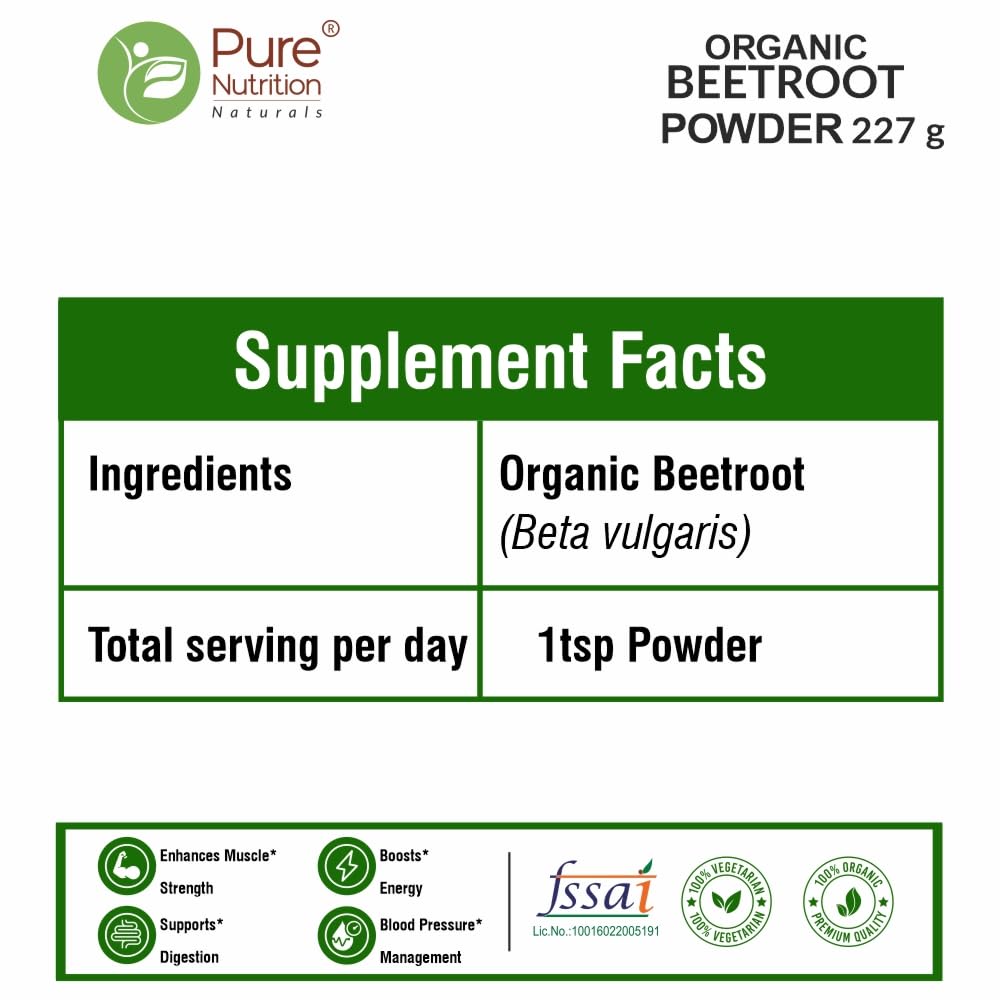 Pure Nutrition Organic Beetroot Powder, 227g | For Hair Care & Face Packs | Helps Skin Glow, Boosts Immunity & Overall Wellness | 100% Pure, Free from Additives | USDA Certified Organic