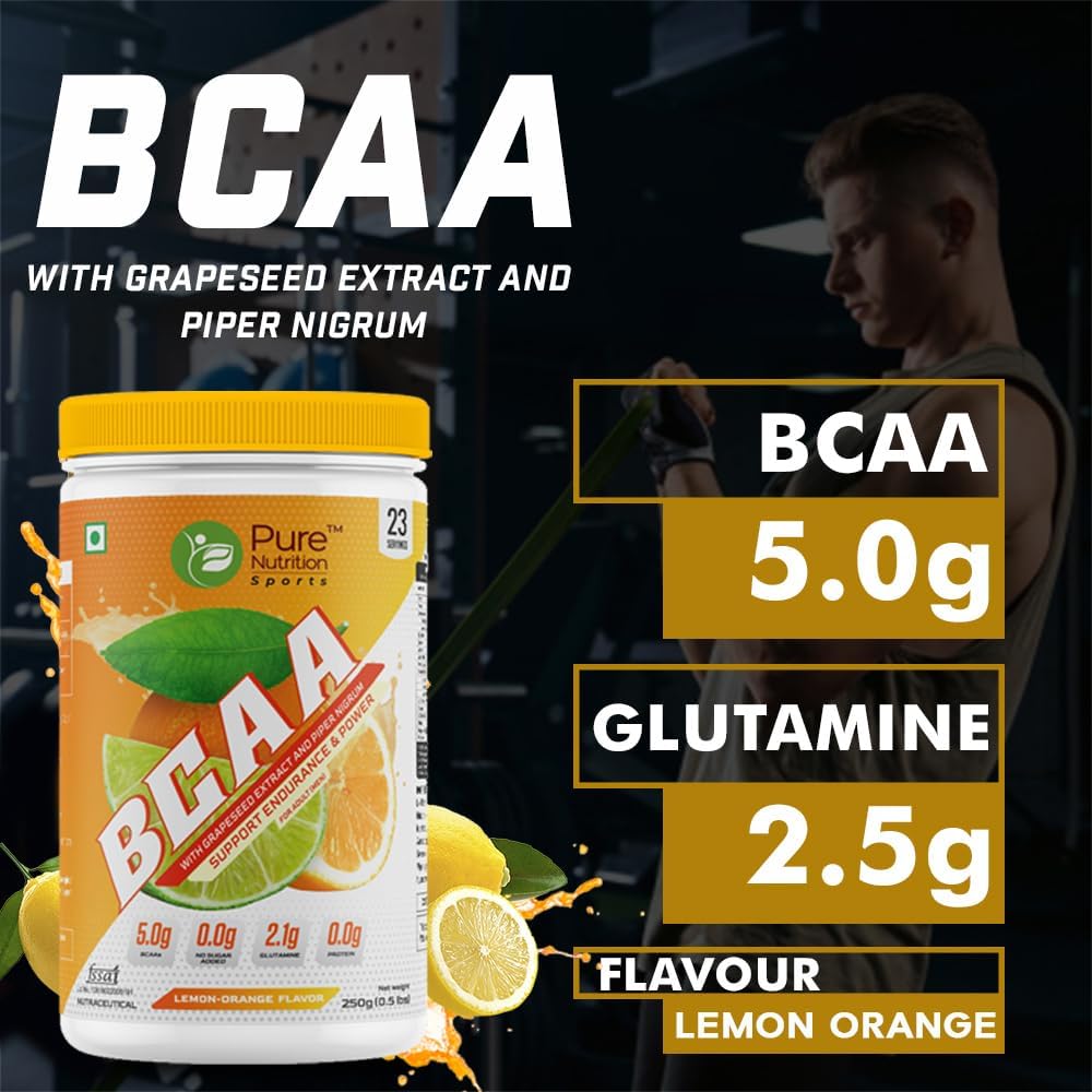 Pure Nutrition Sports BCAA supplement 2:1:1 (250g) | Lemon Orange Flavor with L-Glutamine, Grapeseed & Piperine, Sugar Free Amino Acid Supplement, Workout Muscle Recovery Drink for Muscle Growth, 23 Servings