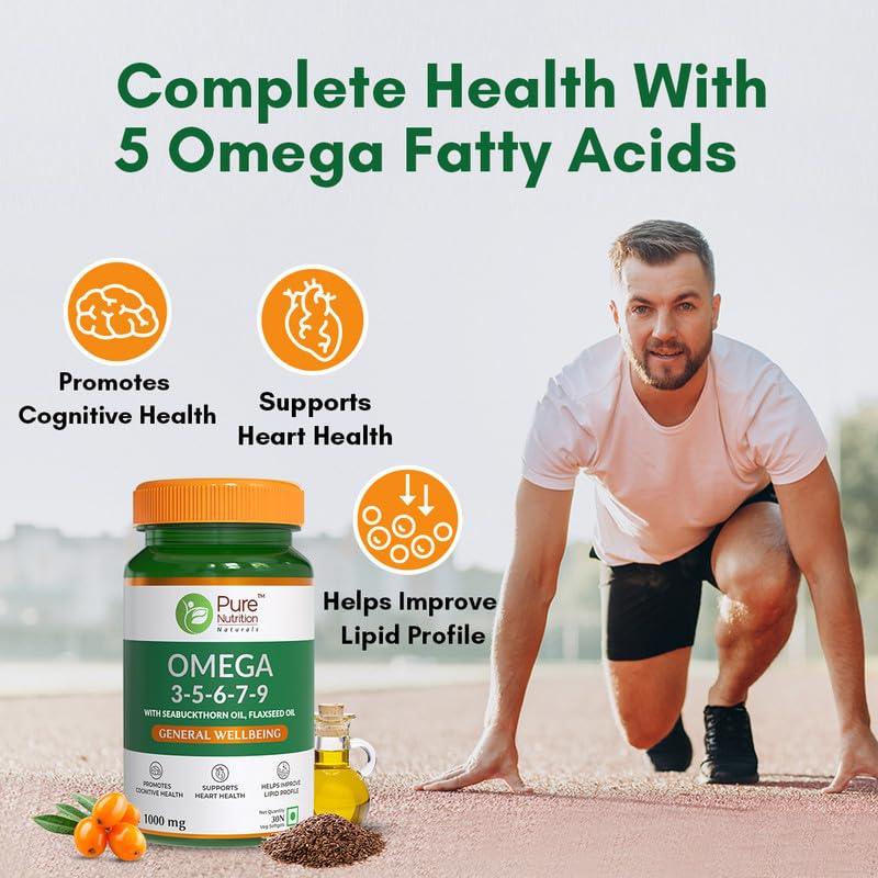 Pure Nutrition Omega 3-5-6-7-9 with Seabuckthorn & Flaxseed Oil | Veg Softgels for Heart & Brain Health