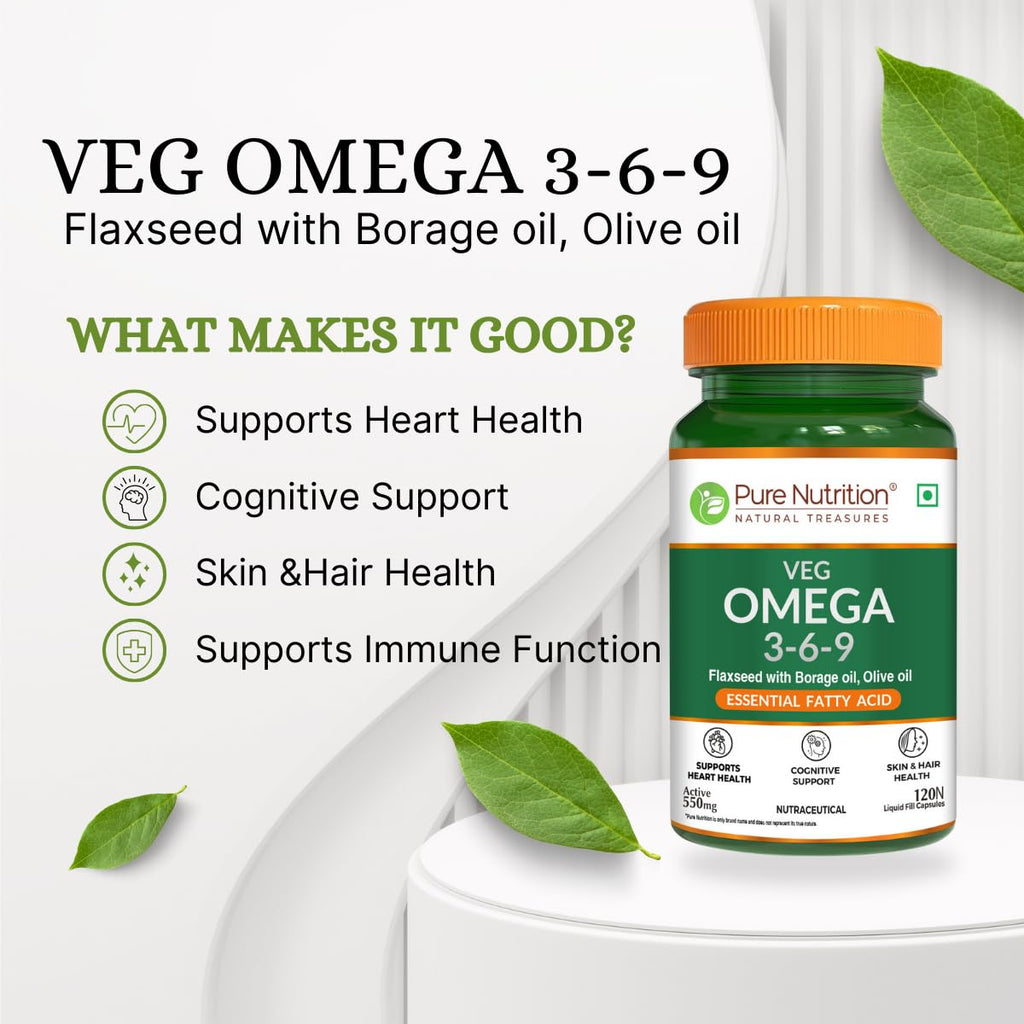 Pure Nutrition Vegan Omega 3-6-9 Capsules (550mg) for Men & Women | Flaxseed with Borage & Olive Oil | Supports Heart, Skin, Joint & Muscle Health | Plant-Based Omega for Overall Wellness - 120 Capsules