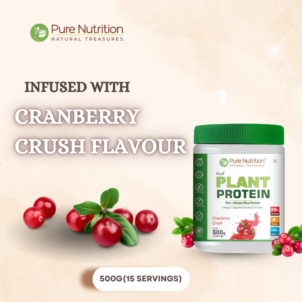 Pure Nutrition Plant Protein Powder Cranberry Crush, 500g, for Men, Women With Pea & Brown Rice Protein with Omega3, Digestive Enzymes & Turmeric | Plant-based, Vegan Supplement for Muscle Growth & Strength | No Artificial Sweeteners